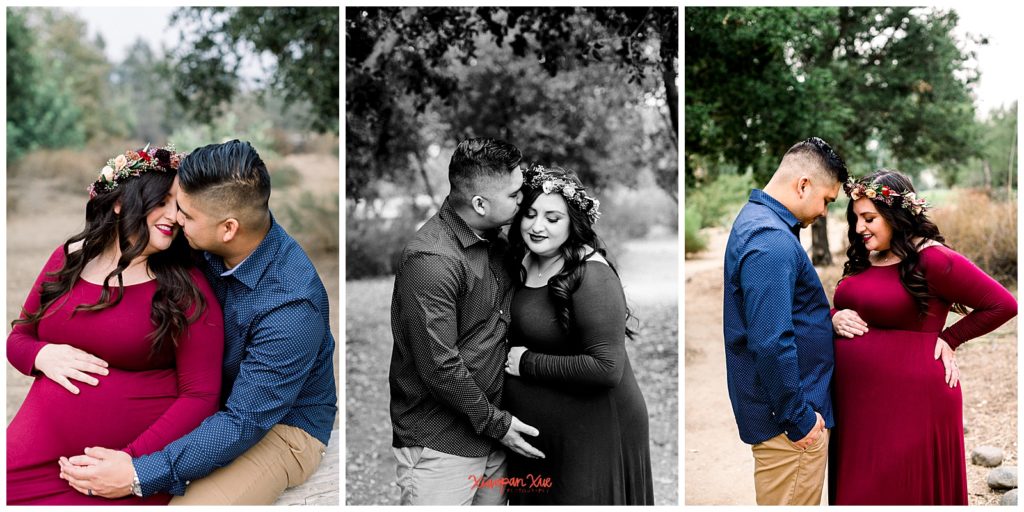 3 images side by side of an interracial couple (An asian male and a latina female) who is expecting. They are nose to nose in the first photo, the male is kissing the female on the temple in the 2nd photo, and they are both looking at her belly in the 3rd photo. He is wearing a dark blue button down with khakis and she is wearing a burgundy floor length dress.