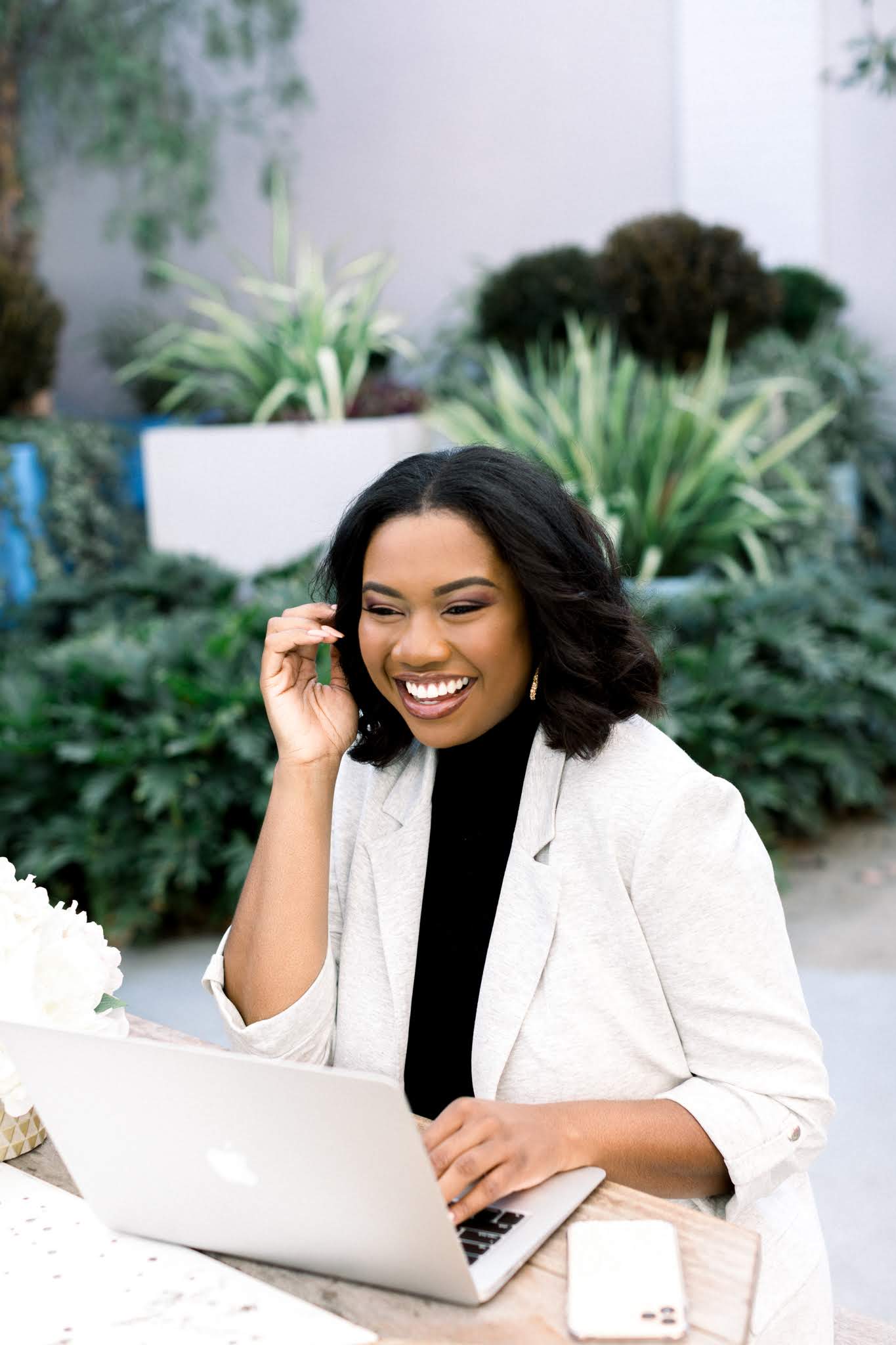 Black female blogger smiling