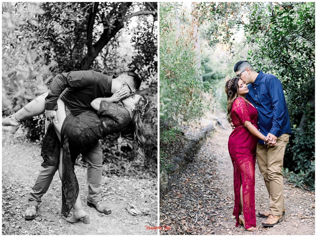 2 images side by side of an interracial couple (An Asian male wearing a dark blue button down shirt and Latina female wearing a long red dress); the male is dipping the female in the first black and white photo and the male is giving the female a kiss on the temple in the second color photo; the setting is a nature preserve