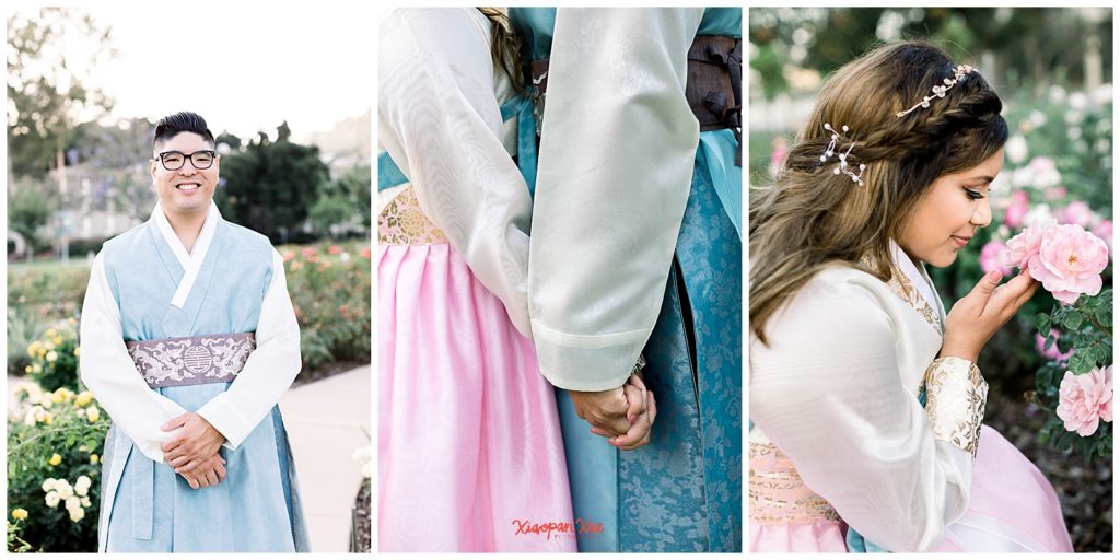 3 images side by side of an interracial couple (An Asian male standing and Latina crouched down smelling a rose) in traditional Korean hanbok wear (pink and blue being the main colors); the middle image is of the couples' hands intertwined; they are in a rose garden