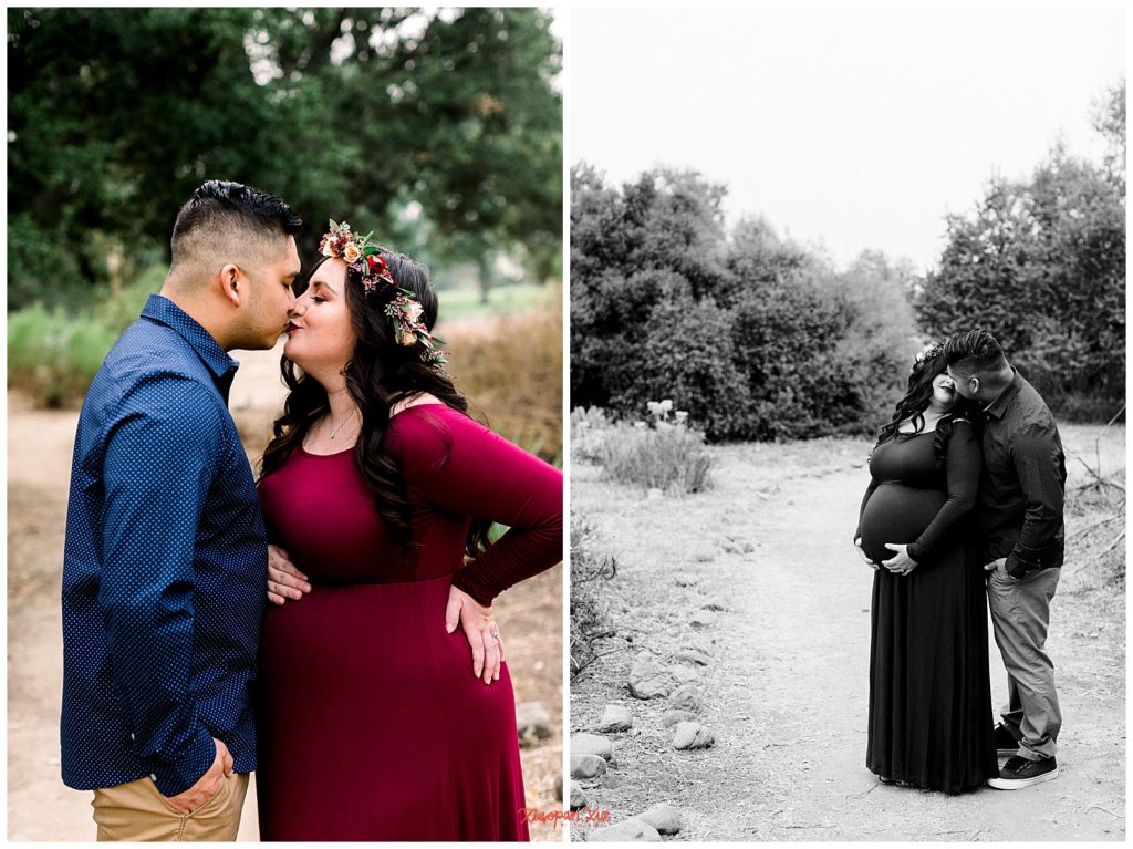 2 images side by side of an interracial couple (an asian male and a latina female) who are expecting; the first photo they are kissing and the second photo is black and white with dad behind mom and kissing her on the cheek while she holds her belly. The male is wearing a dark blue shirt with khakis and female is wearing a burgundy floor-length maternity gown.